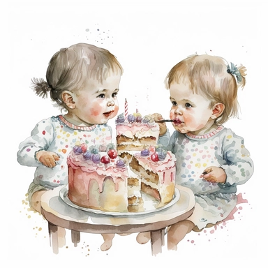 a first birthday cake with watercolor effect,a little happy twins eating the cake,suitable for digital clipart,white background