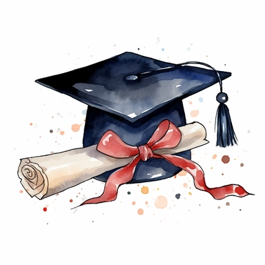 create a hand drawn watercolor clipart of a graduation cap and a diploma, white background, 4k