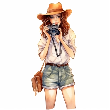 Cute adventurest female photographer with a camera, Cute and summer outfit, Watercolor style, clipart solid white background