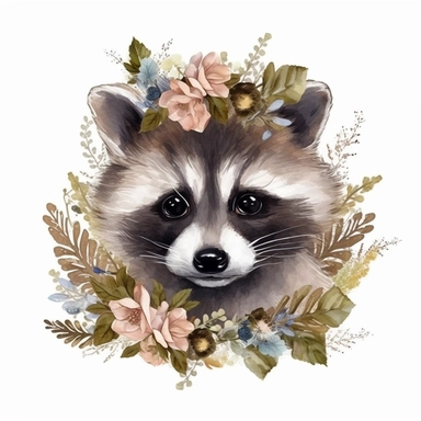 Nursery Print baby head raccoon flowers drawn in watercolor style, vector design, , Sublimation Clipart ,Cartoon,hyper realistic, intricate detail, illustration style,high solution,on the white background