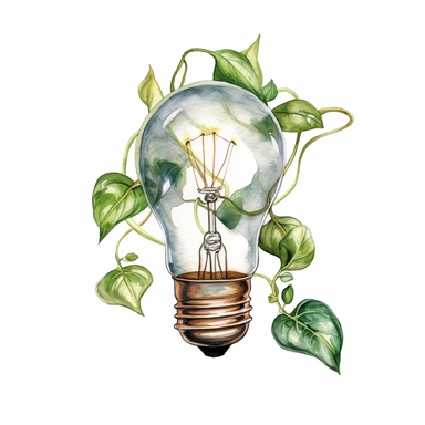a watercolor clipart picture of a edison light bulb. it should look vintage and whimsical. It should have green vines twining along it along with a completely white background