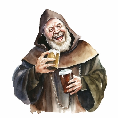 happy bearded medieval friar Tuck laughing as he holds just one beer mug in his right hand watercolor clipart no words no watermark