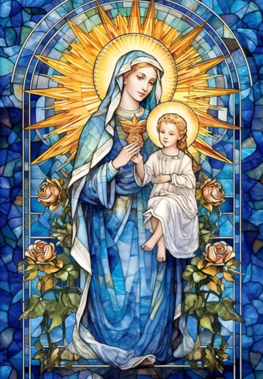 A sharp photograph of an expensive portrait, pay particular attention to the shape of your hands, less watercolor stained glass Madonna and child with matching crowns full body clipart, the Madonna is wearing a medium aquamarine blue mantle with bright white stars on it and the child is wearing a bright white robe, behind them is shimmering bright light, around many blue roses, highly detailed, white background, in the style of Catholic religious art, artist Andrea Lezcano, Vincent Van Gogh, in 