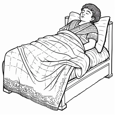 ancient Egyptian boy sleeping, b&w lineart, minimalist style, white background, full body, picture, coloring book style on white background, well composed, clean coloring book page, No dither, no gradient, strong outline, No fill, No solids, vector illustration, clipart, simple, cartoon –ar 9:11 –v 5