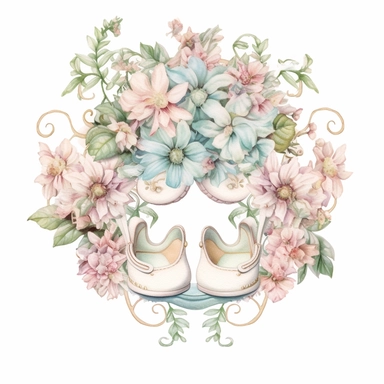 watercolor on white background. Generate a high-quality image of Victorian-style baby clip art featuring intricate floral designs. The perspective should be from a top-down view, with the baby positioned in the center of the image. The style should be elegant and detailed, with soft pastel colors and fine lines. Please ensure that the floral designs are intricate and detailed, with a variety of different types of flowers included. The overall effect should be beautiful and charming, evoking the 