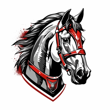 close up logo of armored battle horse, simple clipart, black and white, no background, red dead redemption art style