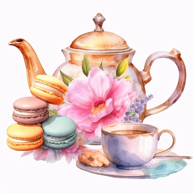 Clipart of set of teapot and cup set in the style of light gold and pink ,decorate with flower serving flowering tea, with a plate of macarons, Watercolor, pastels, clipart, beautiful, colourfull, png transparent white background, high resolution, watercolour, 8k, hyper-realistic, isolated on a white background. q4 s2.