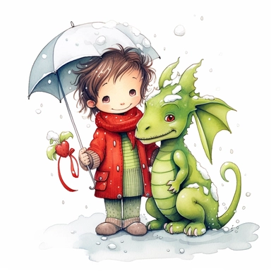 cute funny avocado green girls dragon, red cardigan, snow, winter, cute nursery painting, style by Lucy Fleming, watercolor, smooth gradients, black contour outline, ultra detailed, clipart elements, delicate pastel colors, solid white background, super clear, high quality