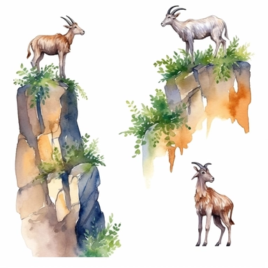 Watercolor wild goats climbing rocks in mountain , illustrations clipart set, simple , cartoon elements, rocks, bushes , different variants , , separate elements with a margin
