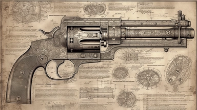 A detailed diagrammatic illustration of an old vintage gun, showcasing its mechanical intricacies and features in a technical style. The gun can be any type, such as a classic revolver or a musket, and should evoke a nostalgic feel. The background can be a simple color or a textured pattern, with additional elements such as bullet casings or a shooting range. This clipart is perfect for use in historical-themed projects, gun-related advertising, or vintage-inspired designs.