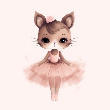 a brown fur cat with brown eyes ballerina dress in blush pink in style of claris mouse clip art