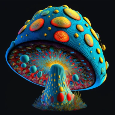 An AI generator could create a 2D, psychedelic mushroom realistic natural art that features a brightly colored, cartoonish mushroom with a bulbous cap, adorned with swirling patterns in shades of bright azure, vibrant crimson, shimmering metallic silver, and brilliant yellow. The stem is thin and twisted, and it too is covered in the same psychedelic patterns, with the addition of metallic silver and yellow. The mushroom is set against a background of swirling colors, giving the overall image a 