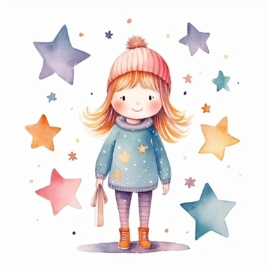 cute Scandinavian whimsical girl with stars, pencil and watercolor clipart style, super high quality, high resolution, pastel colors, isolated white background, 8k