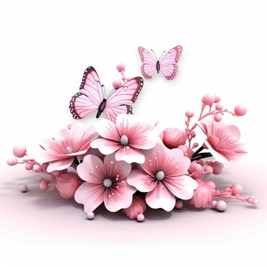 3D exceptionally beautiful pink flowers and butterflies in 3D, clipart white background
