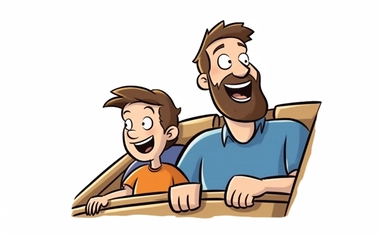 Clipart image, The eight-year-old boy sits excitedly in the roller coaster, next to him, his uncle, a tall, 35-year-old man with dark brown hair and a beard. His uncle is an imposing figure, his broad shoulders filling out the space of the ride seat. Despite his rugged exterior, he has a gentle smile on his face, reassuring the boy with a firm pat on his back. Behind them, his aunt is seated. She has lustrous black hair, and her round figure comfortably fills her seat. She is giggling, a delight