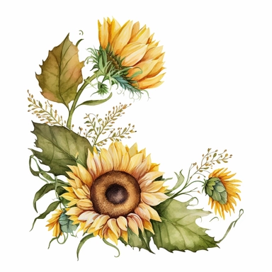 sunflower line bottom top for cards, one straight line too leave space for texts, watercolor, clipart