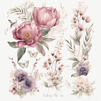 Create a mesmerizing collection of ultra-detailed Dusty Rose Clipart, infused with the allure of floral watercolors and the enchantment of wild flowers. Each clipart element should embody the delicate beauty of dusty rose hues, capturing the essence of elegance and romance. Incorporate a variety of floral elements, such as roses, peonies, and other blooms, delicately rendered in watercolor. Intertwine the floral motifs with graceful butterfly clipart, adding a touch of whimsy and grace to the co