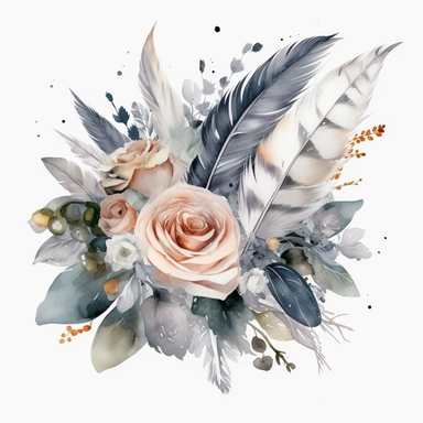 Watercolor dusty greay and white feathers bouquet clipart white background no text wedding style eligible for transparent background