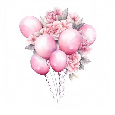 Isolated on a white background, in a feminine style that is populair on Etsy, baby pink balloons with strings decorated with baby pink roses, high resolution, highly detailed, watercolor clipart illustration, soft pastel color theme, baby pink, 8k UHD isolated image on white background, hyper - realistic high definition