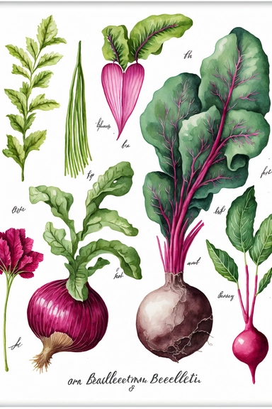 botanical style watercolor beaufiful flatlay beet clipart on white background with margins