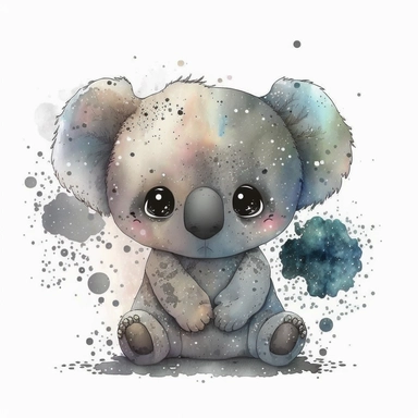 The most cutest cartoon baby koala with big open eyes, on a planet clipart, planets, watercolor, dream art, baby animals, vector art, children art, particles around the object, children cartoon, sticker art design, white background,