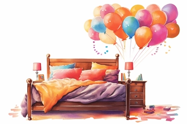 Watercolor, Create a surreal bedroom with balloons replacing furniture and decorations. clipart, hd, on a white background, spaced out
