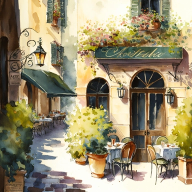 watercolor image, imagine a captivating cafe set in a charming European city. The cafe stands on a stone-paved street decorated with vibrant flowers and elegant lampposts. Its exterior is decorated with trailing ivy and blooming window boxes. Outside, tables with white tablecloths and mismatched chairs are scattered on the paved patio. Customers leisurely enjoy their drinks, lounging in the warm sunlight under colorful umbrellas. Through the large windows of the cafe, you can glimpse an inviting