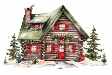 Christmas winter log cabin scene, red and green accents, watercolor clipart