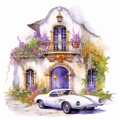 Watercolor mix-media masterpiece beautiful white cozy car with purple door, richly decorated with lupine, flower pots overgrown with moss, garden at back of house, provence, gold accents, shebby chic style, Rodney Matthews style and Daniel Ridgeway Knight style and Nicholas Heli Hutchinson style, Baroque style, PNG clipart, isolated on white, extreme photorealistic details, 32k HD resolution, realistic high resolution high detail