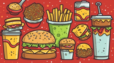 fast food vector clipart vector fast food cute collection, in the style of #screenshotsaturday, flat areas of color, flat color blocks, 1970–present, rough-edged 2d animation, lightbox, colorful animation stills
