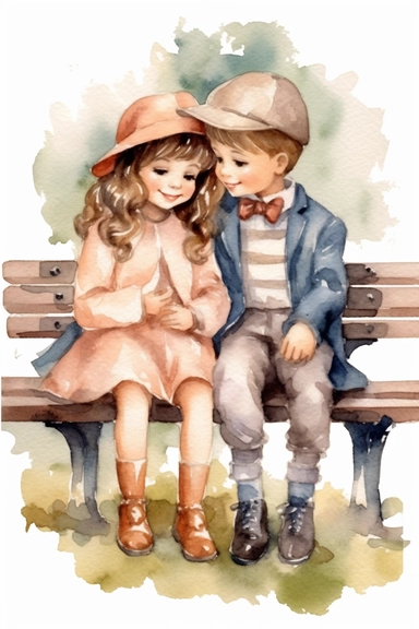 adorable little vintage boy and girl walking sitting on a bench, watercolor clipart, high quality clipart, no background , high details