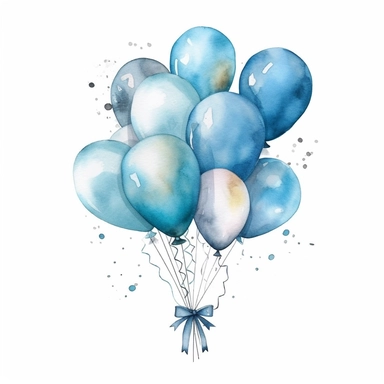 realistic, high resolution, birthday decor banner, baby blue, desturated colors, watercolor clipart, completely white background