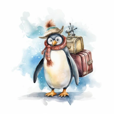 a whimsical watercolor clipart image with a white background, featuring an adventurous penguin traveler with a suitcase, braving icy landscapes and diving into unknown waters on its Antarctic expeditions.