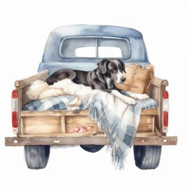 watercolor old farm truck with happy dog in bed, clipart, white background