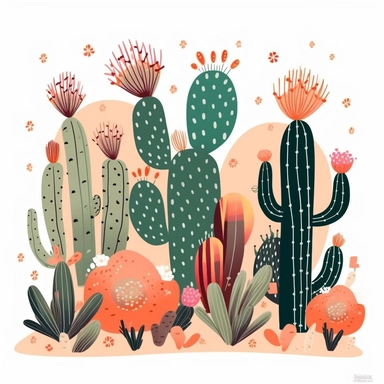 Step into a whimsical summer wonderland with a charming clipart illustration featuring an adorable cactus in a playful cartoon style against a pristine white background. Picture a lovable cactus with a friendly expression and vibrant details, embodying the carefree spirit of summer. Utilize a vibrant and lively color palette, incorporating shades of cheerful greens, warm yellows, and playful accents of pink or orange, to capture the sunny and playful nature of the season. Enhance the composition