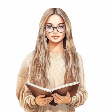 isolated illustration on a white background, a hyper realistic girl in a beige outfit wearing glasses holding a book in her hand long ultra straight very natural looking long straight hair, in the style of populair Etsy clipart, 32k, Clipart, watercolor r
