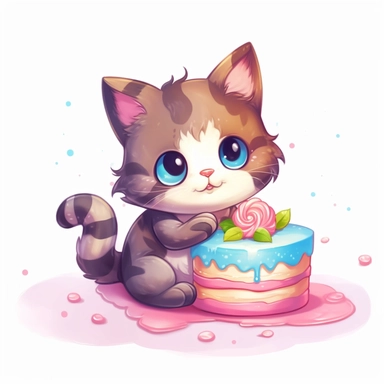 Clipart of a cute cat eating a cake kawaii style full multicolor white background