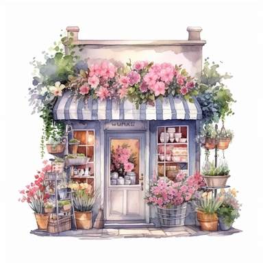 Big fantasy Watercolor floral Flower Shop store Clipart, make it detailed and creative, white background