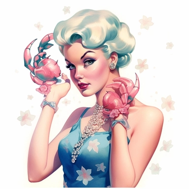 Hand drawn 1950’s pin up woman, dressed like cancer the crab, very glamorous with jewelry, shades of dusty rose teal and blue, half body, very detailed and realistic, watercolor, white background with margins, clipart style