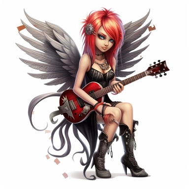 a beautiful fairy, punk rock star with guitar, cartoon, big wings, clipart, white background
