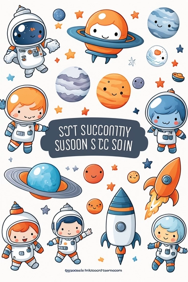 a whimsical cute space-themed cartoon clipart collection featuring rockets, planets, astronauts and stars in shades of blue, orange, grey and white on white background with margins, watercolor, sprite sheet, 2d, icon, sticker art