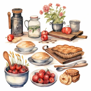 watercolor country kitchen baking items clipart