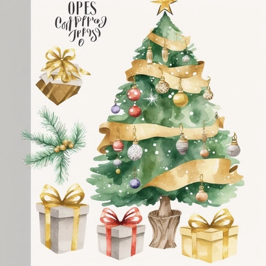 christmas tree with presents clipart, decorated pine tree with christmas golden presents, golden christmas decoration, christmas decor, simple shapes, no lines, no outlines, clipart, featured on dribble, cartoon tree clipart, minimalist, computer vector graphic design clip art, watercolor illustration clipart, watercolour clipart, watercolor illlustration for kids and children, book illustration, print on demand image, PNG tranparent background
