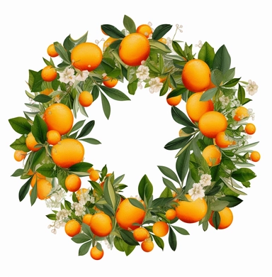 a wreath made in an arrangement of oranges cliparts for free, in the style of aggressive digital illustration , colorful mixed-media collages, luxurious fabrics, realistic usage of light and color, berlin secession, tranquil gardenscapes, visual harmony lively illustrations white background no shadowing
