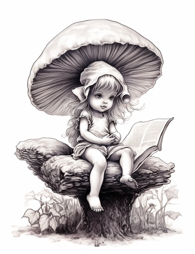 three quarter shot of a hand drawn coloring page of Beautiful Cute baby fairy with wings standing on a mushroom reading a book , Style by artist thomas w. schaller, clipart, no background