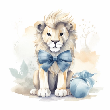 cute plush lion with bow tie , clipart, illustration, blue soft pastel and cream colors, full textured paper background, beautiful art, 8k, white background, Watercolor, no title and no watermark