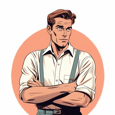 a handsome 1950s man, bad boy aesthetic, posing, clip art style image with margin, white background