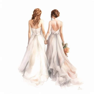 watercolor, hyper realistic, white background, white margins, 16k, ultra detailed clipart, cut out image, hand-drawn,celebration of love and commitment between two individuals of the same gender, wearing wedding attire, two brides, both wear wedding gowns, full length body, back view