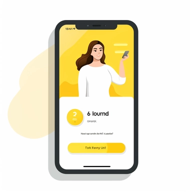 generate a sign up page mobile screen ,ui design, flat mobile view, yellow color large signup with gmail button in the middle of the screen ,minimalistic,clipart of a woman using Bit coins, white background, illustration,some text before the button,white color background,yellow color Button,home pahe logo on the right top of the screeen,some blank space on the bottom of the screen