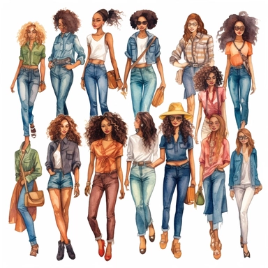 A collection of vibrant and diverse semi-casual fashion girls and lady bosses, depicted in high-quality watercolor illustrations and clipart, showcasing their confidence, style, and panache. The full-body images capture their mixed body shapes, accessorized with matching footwear, experimental hairstyles, and a variety of accessories such as hats, glasses, shades, and handbags. Each image features different poses, makeup styles, and expressions, highlighting their individuality. Against a white 
